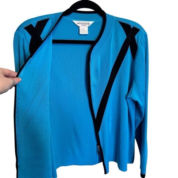 Misook- Zip Front Santana Knit Cardigan Black Turqouise Long Sleeve Large Petite - Picture 4 of 9